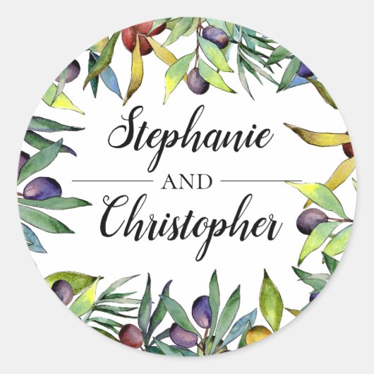 Sticker Rond Olives savoureuses Toscane Aquarelle Mariage Sceau (Devant)