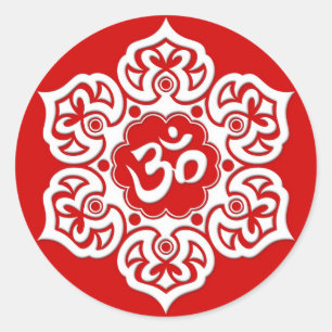 Sticker Rond Om de fleur de Lotus blanc en rouge