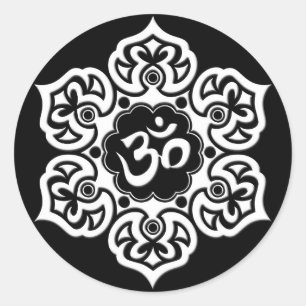 Sticker Rond Om de lotus blanc sur noir