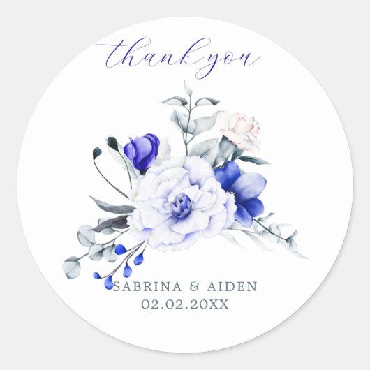 Sticker Rond Ombre Royal Blue Ivory Floral Mariage (Devant)