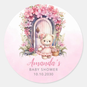 Sticker Rond On peut attendre Baby shower rose aquarelle