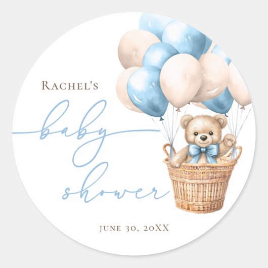 Sticker Rond On Peut Attendre | Bear Balloon Baby shower bleu (Devant)