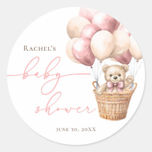 Sticker Rond On Peut Attendre Bear Balloon Baby shower rose