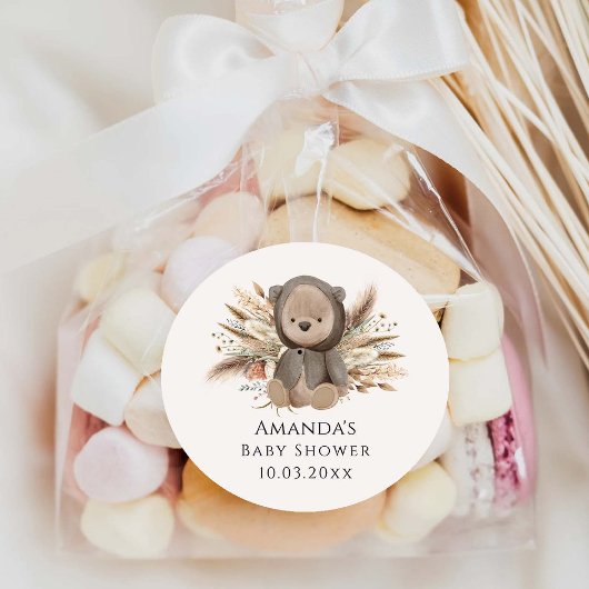 Sticker Rond On peut attendre le Baby shower de l'ours de Boho