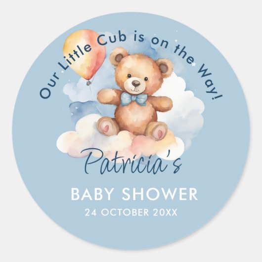 Sticker Rond On Peut Attendre Le Baby shower Teddy Bear Garçon (Devant)