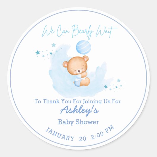 Sticker Rond On peut attendre l'invitation Baby shower garçon (Devant)