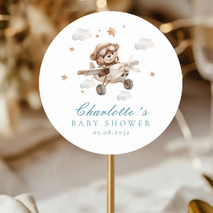 Sticker Rond On Peut Attendre ! Ours et avion en peluche