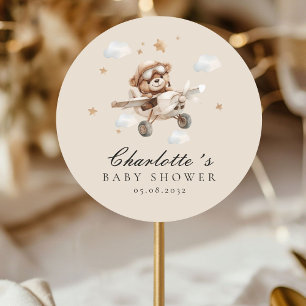 Sticker Rond On Peut Attendre ! Ours et avion en peluche