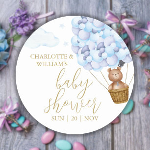 Sticker Rond On peut attendre Teddy Bear Baby shower bleu