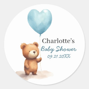 Sticker Rond On Peut Attendre Teddy Bear Blue Boy Baby shower