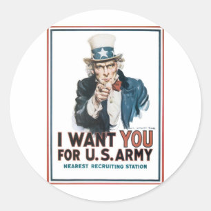 Sticker Rond Oncle Sam Poster, Amérique. Je Veux Que Vous...