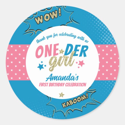 Sticker Rond Onder Girl rose et bleu Premier anniversaire (Devant)