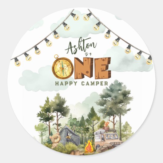 Sticker Rond One Happy Camper First Birthday (Devant)