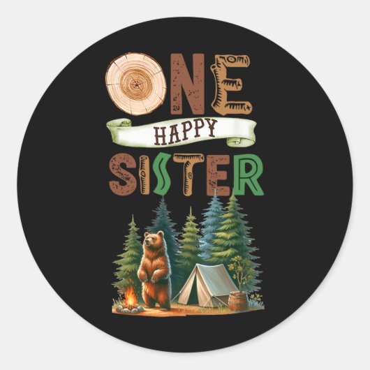 Sticker Rond One Happy Sister Camper First Birthday Camping Bea (Devant)