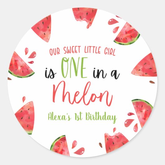Sticker Rond One In A Melon 1er Anniversaire Fête Watermelon (Devant)