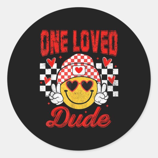 Sticker Rond One Loved Dude Checkered Heart Valentines Day Boys (Devant)