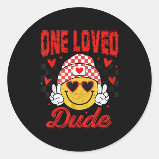 Sticker Rond One Loved Dude Checkered Heart Valentines Day Boys (Devant)