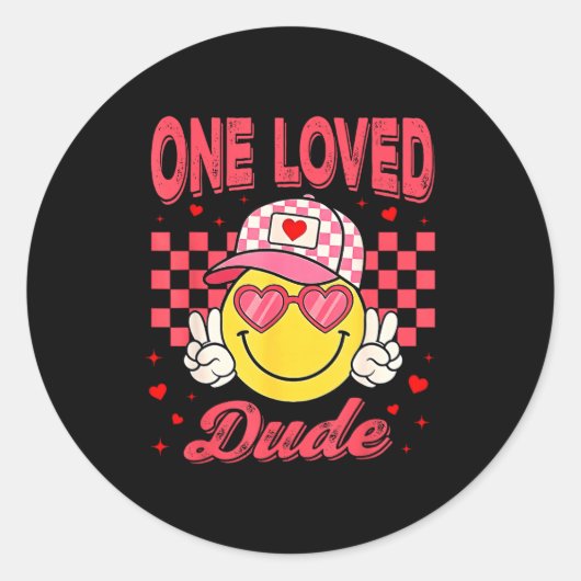 Sticker Rond One Loved Dude Checkered Heart Valentines Day Boys (Devant)