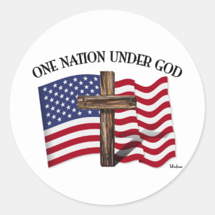 Sticker Rond One Nation Under God avec croix robuste et drapeau