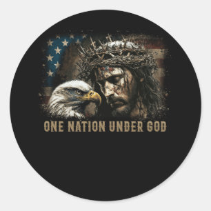 Sticker Rond One Nation under God Jesus Christian Eagle America