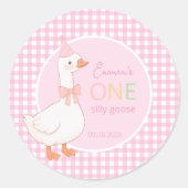 Sticker Rond One Silly Goose Girl 1er Anniversaire fête rose Pl (Devant)