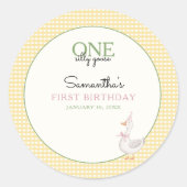 Sticker Rond One Silly Goose Pink and Gingham 1st Birthday (Devant)