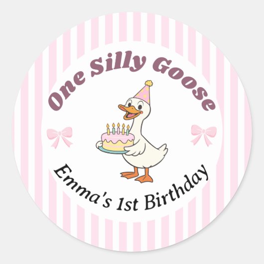 Sticker Rond One Silly Goose Pink Bow 1st Birthday (Devant)
