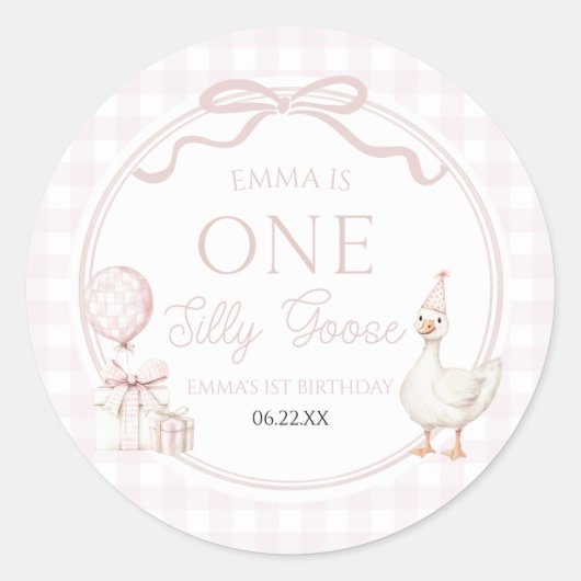 Sticker Rond ONE Silly Goose Pink Bow 1st Birthday Party (Devant)