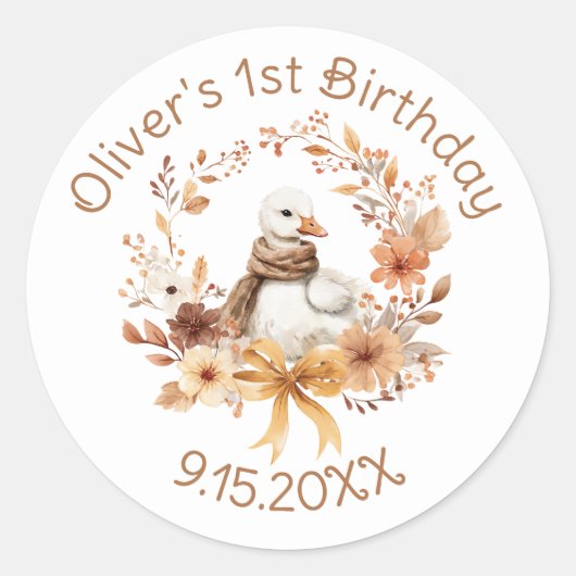 Sticker Rond One Silly Goose Rustic Fall Boy Birthday (Devant)