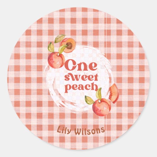Sticker Rond One Sweet Peach 1er Anniversaire Rustique En vichy (Devant)