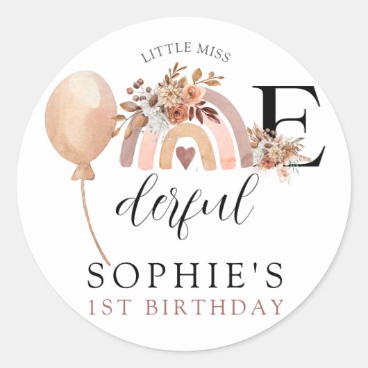 Sticker Rond ONEderful Rainbow Girl'anniversaire Invitation (Devant)