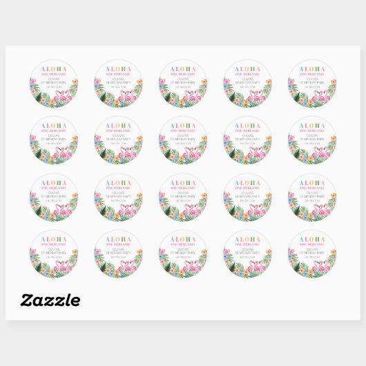 Sticker Rond Onederland Été Flamant rose tropical 1er anniversa (Feuille)