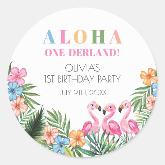 Sticker Rond Onederland Été Flamant rose tropical 1er anniversa (Devant)