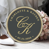 Sticker Rond Or Accent Vert foncé Monogramme Mariage Faveur