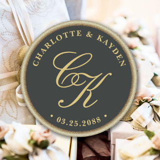 Sticker Rond Or Accent Vert foncé Monogramme Mariage Faveur
