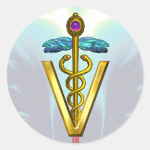 Sticker Rond OR CADUCUS SYMBOLE VÉTÉRINAIRE Turquoise Bleu Blan