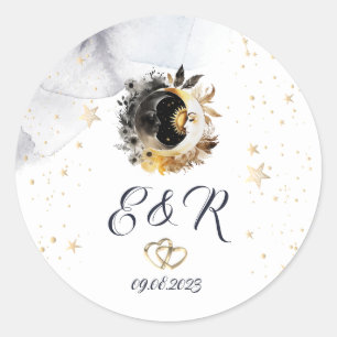 Sticker Rond Or céleste Soleil, Lune, Étoiles Fleurs