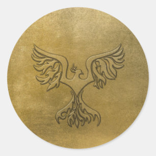 Sticker Rond Or d'oiseau de Phoenix de relief