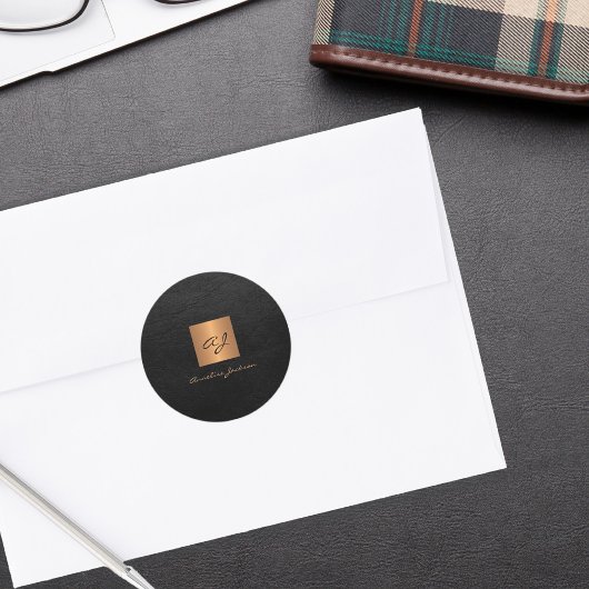 Sticker Rond Or élégant script monogramme nom cuir