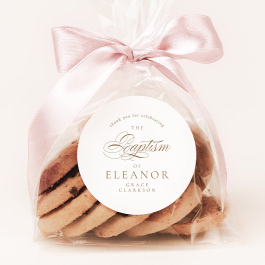 Sticker Rond Or Élégante calligraphie Baptême Merci