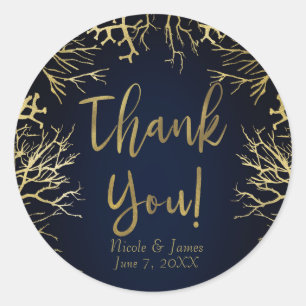 Sticker Rond Or et Bleu Nuit Élégant Mariage Corail
