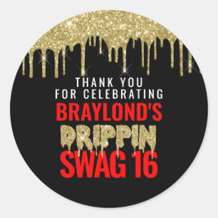 Sticker Rond Or et Rouge Drippin Swag 16 Anniversaire 