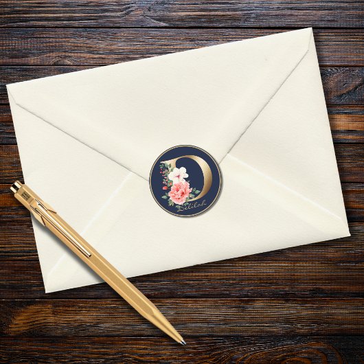 Sticker Rond or Lettre D Elegant Marine Floral Monogramme