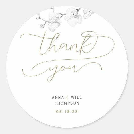 Sticker Rond Or moderne fleurit Merci Mariage orchidée (Devant)
