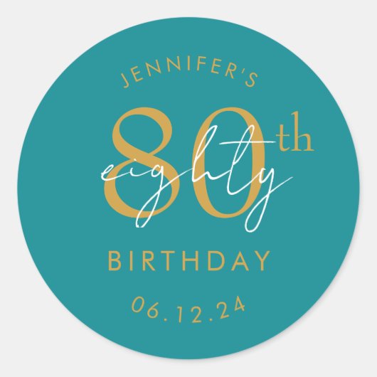 Sticker Rond Or Moderne Script 80e Anniversaire Turquoise (Devant)