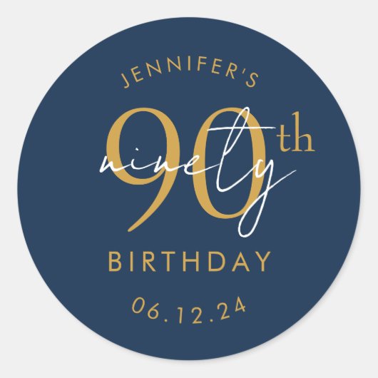 Sticker Rond Or Moderne Script 90e Anniversaire Fête Bleu Nuit (Devant)