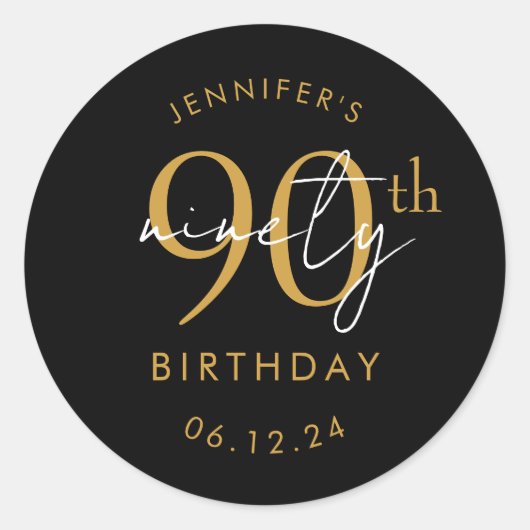 Sticker Rond Or Moderne Script 90e Anniversaire Fête Noir (Devant)