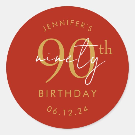 Sticker Rond Or Moderne Script 90e Anniversaire Parti Rouge (Devant)
