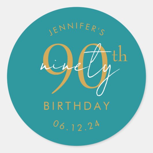 Sticker Rond Or Moderne Script 90e Anniversaire Turquoise (Devant)