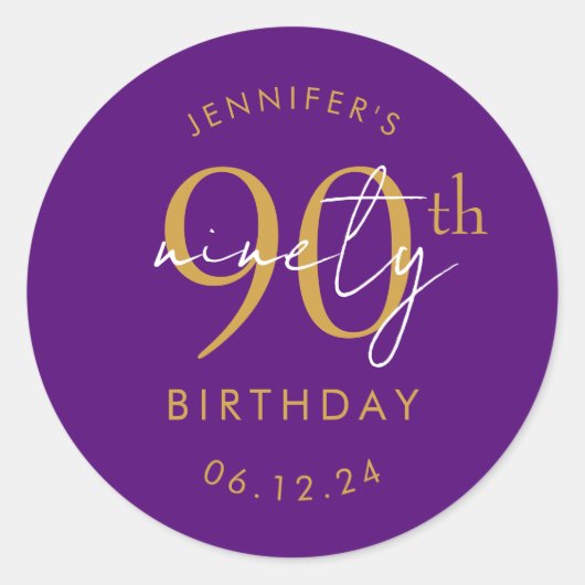Sticker Rond Or Moderne Script 90e Anniversaire Violet (Devant)